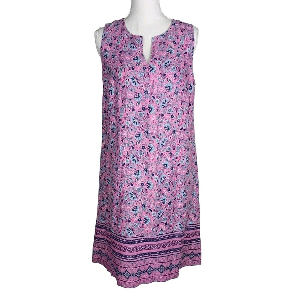 J JILL LOVE LINEN Women's PINK SLEEVELESS DRESS IN LAVENDER FLORAL SZ S Pockets‎